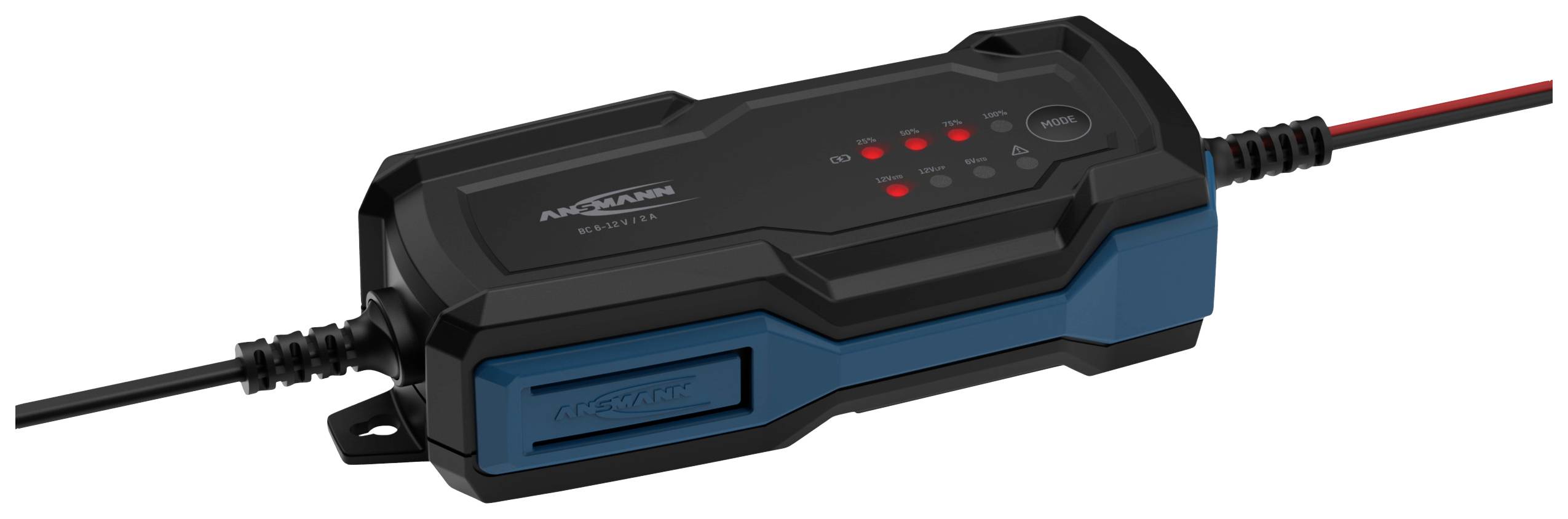 Czarne i niebieskie ładowarki do baterii z wieloma wskaźnikami LED na górnej powierzchni, z podłączonymi dwoma kablami.