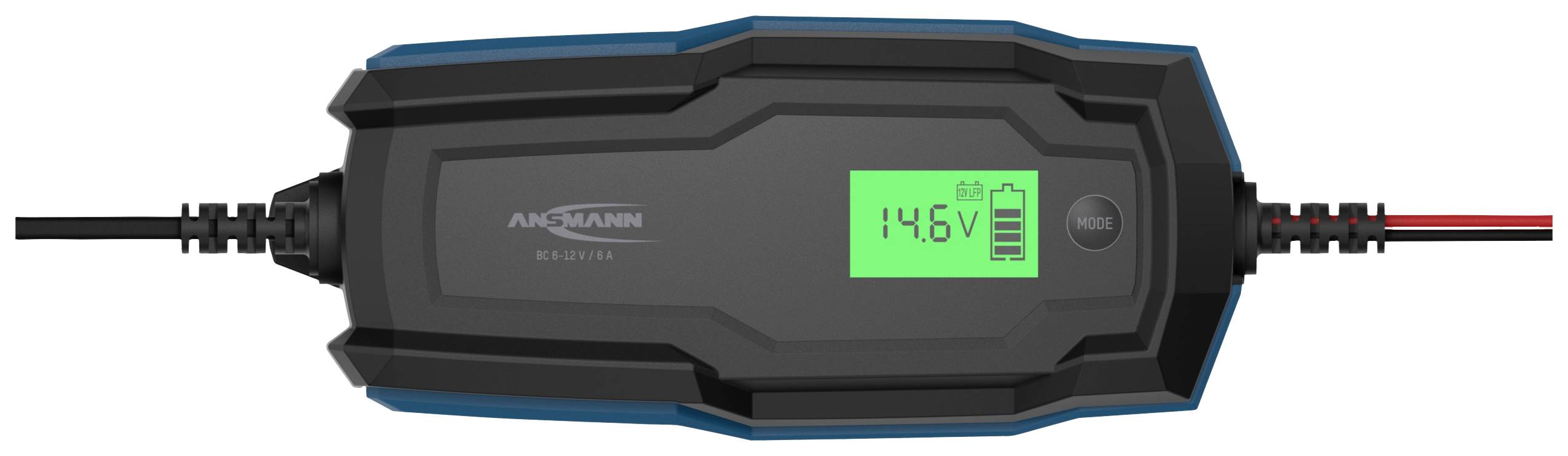 Ładowarka do baterii z wyświetlaczem cyfrowym pokazuje '14.6V' i symbol baterii. Urządzenie jest czarno-niebieskie z podłączonymi dwoma przewodami.