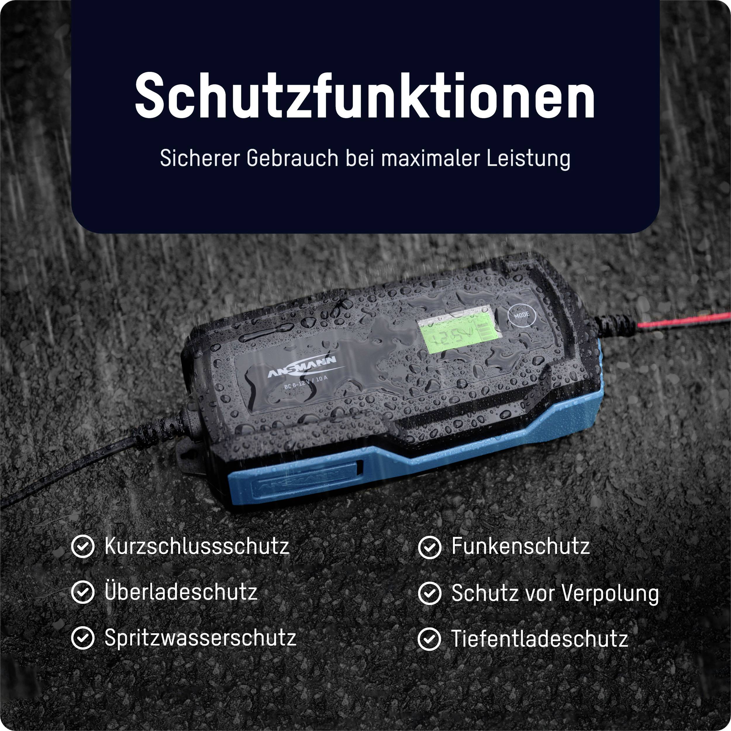 Ładowarka akumulatorów z funkcjami ochronnymi: zabezpieczenie przed zwarciem, ochrona przed przepięciami, ochrona przed rozbryzgami wody, ochrona przeciwpożarowa, zabezpieczenie przed odwrotną polaryzacją, ochrona przed całkowitym rozładowaniem.