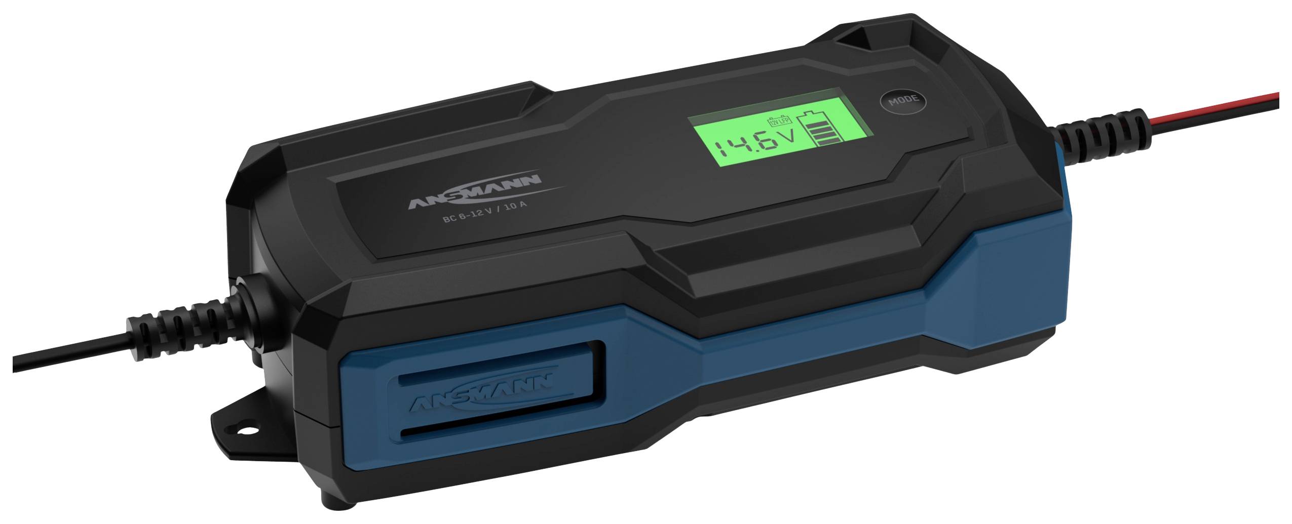 Czarno-niebieski ładowarka do baterii z wyświetlaczem cyfrowym, wskazująca napięcie 14,6 V.