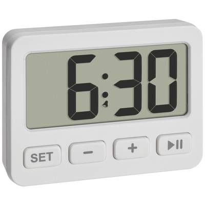 Cyfrowy timer z niebieskim wyświetlaczem pokazuje '6:30'. Poniżej trzy przyciski: 'USTAW', minus, plus oraz symbol odtwarzania.