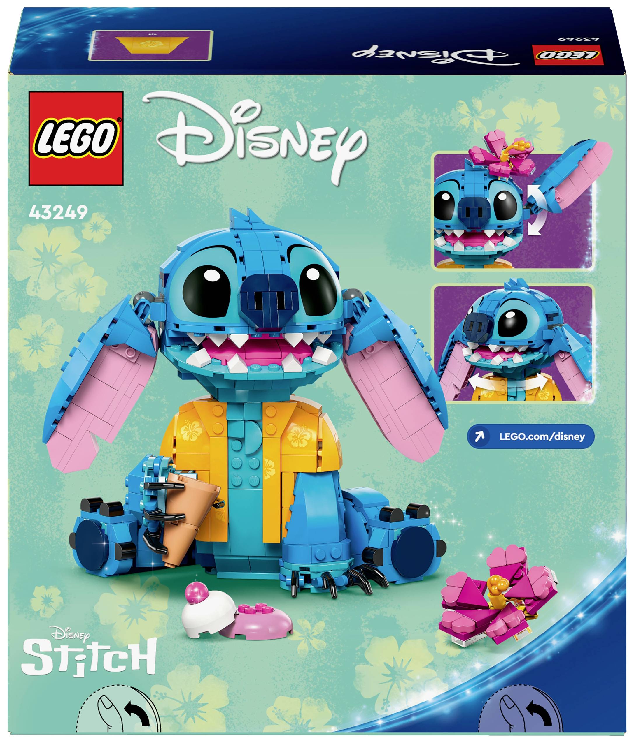 Zestaw LEGO z Stitchem z Disney. Przedstawia dużego niebieskiego kosmitę z ruchomymi elementami i akcesoriami. Opakowanie zawiera szczegóły i numer zestawu.