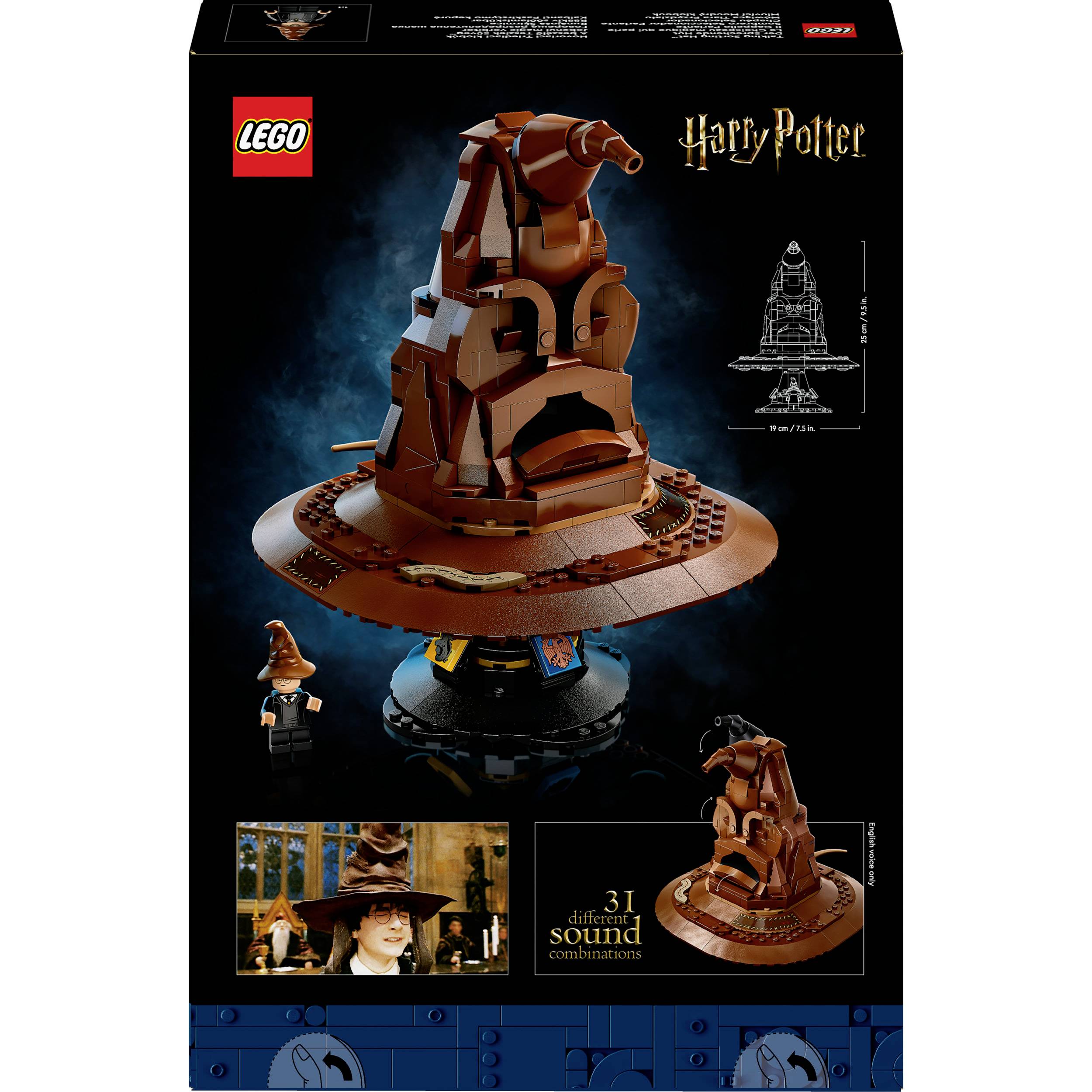 Opakowanie LEGO przedstawia zestaw z kapeluszem 'Harry Potter'. Zawiera szczegółową figurkę kapelusza, logo LEGO i markę Harry Potter.
