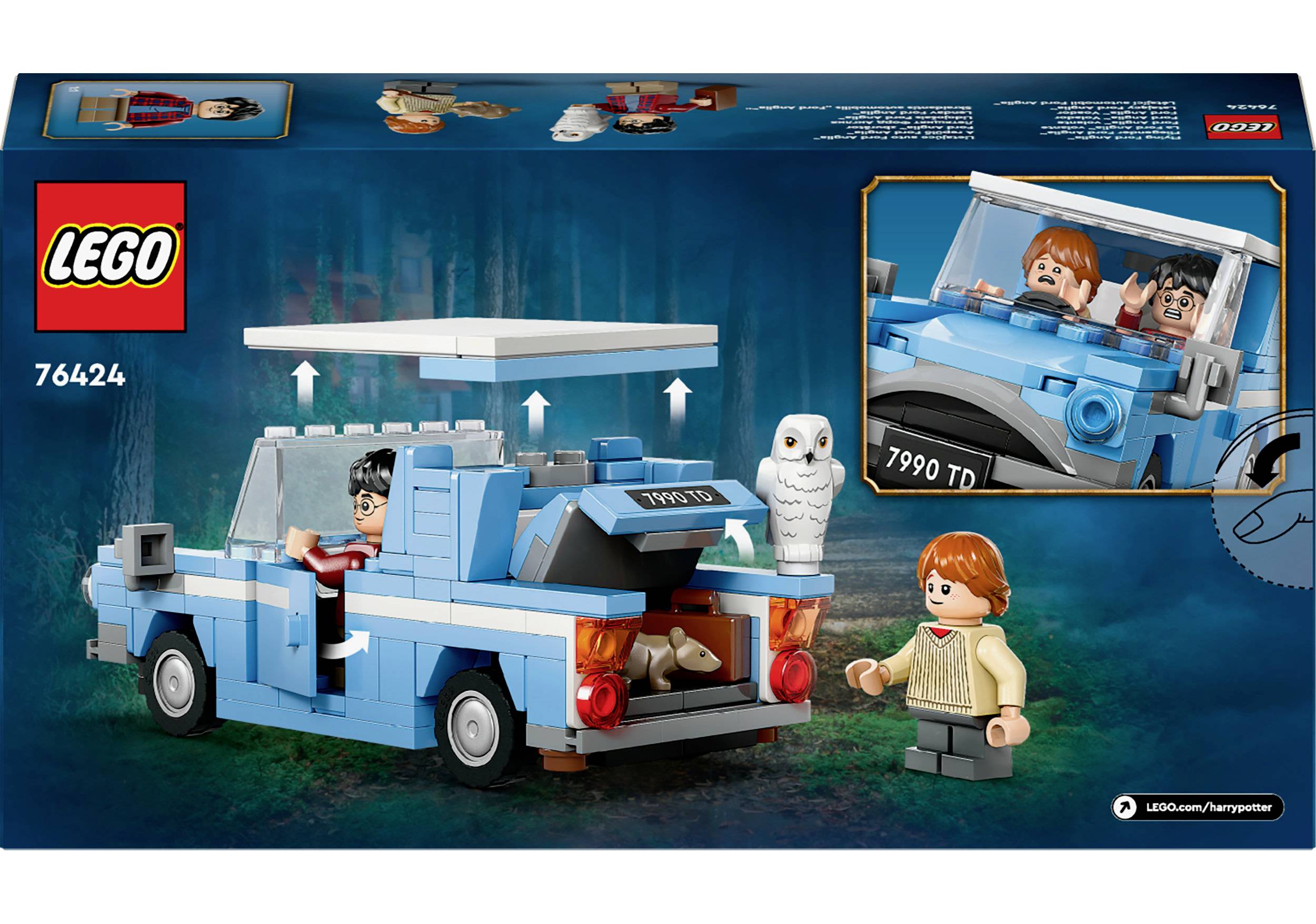 Zestaw LEGO Harry Potter przedstawiający niebieskie latające auto, postacie Harry'ego, Rona i białej sowy, sfotografowany na ciemnym tle.