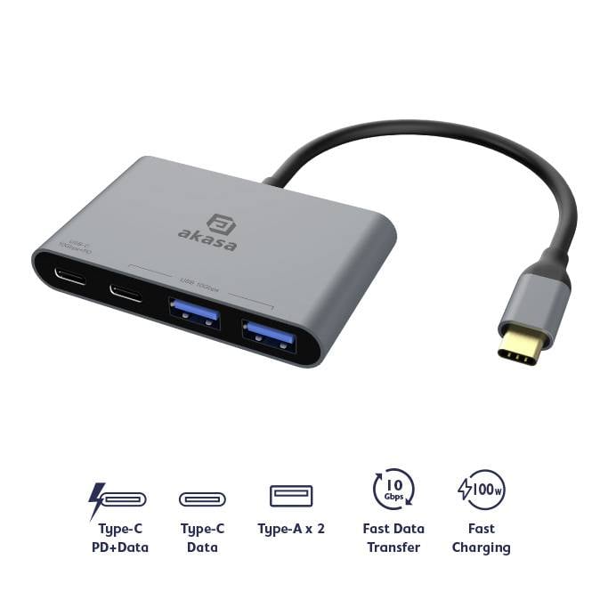 Szary hub USB-C z dwoma portami USB-C i dwoma portami USB-A, obsługujący szybkie przesyłanie danych i ładowanie, przedstawiony z wtyczką USB-C.