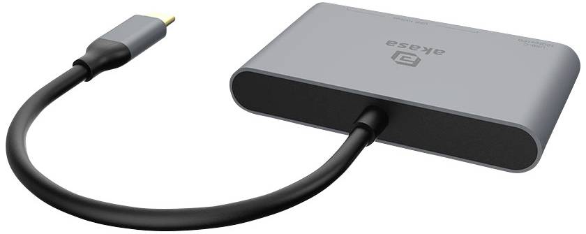 Szary zewnętrzny hub USB-C firmy Akasa z wbudowanym przewodem i wieloma portami, przeznaczony do podłączania do komputerów.