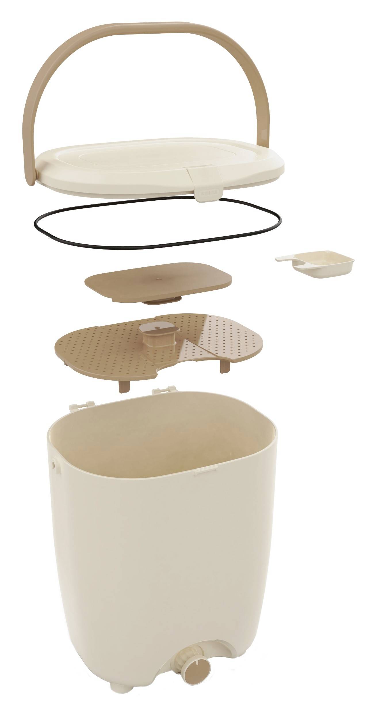 Rysunek rozstrzelony beżowego wiadra z beżowymi i czarnymi elementami składowymi. Szczegółowy widok struktury i kompozycji.