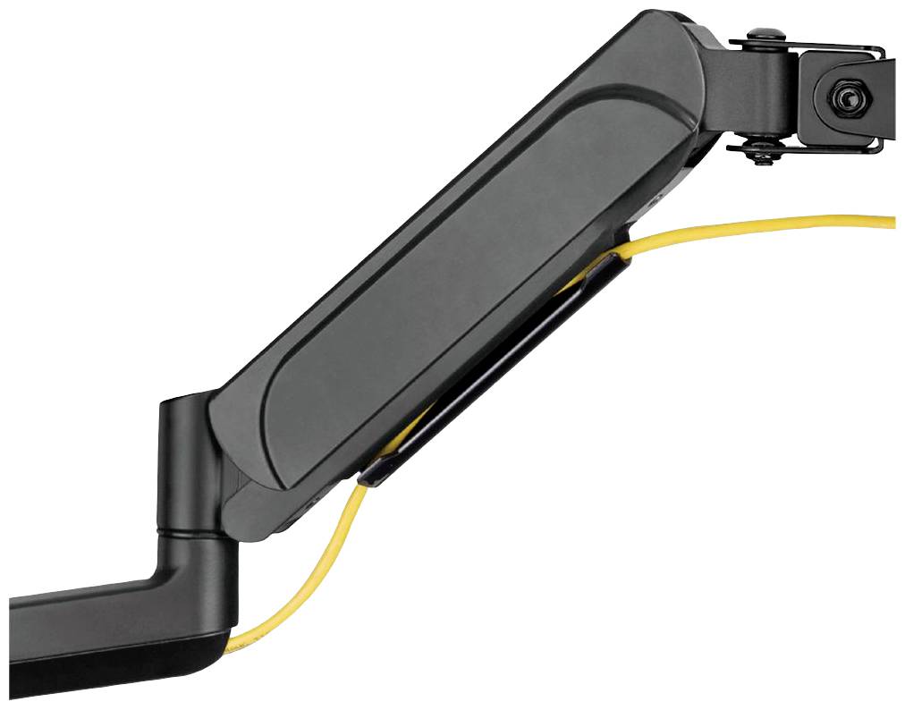 Czarny uchwyt monitora z zarządzaniem przewodami, prezentujący schowane żółte kable, zapewniający czysty i zorganizowany obszar roboczy.