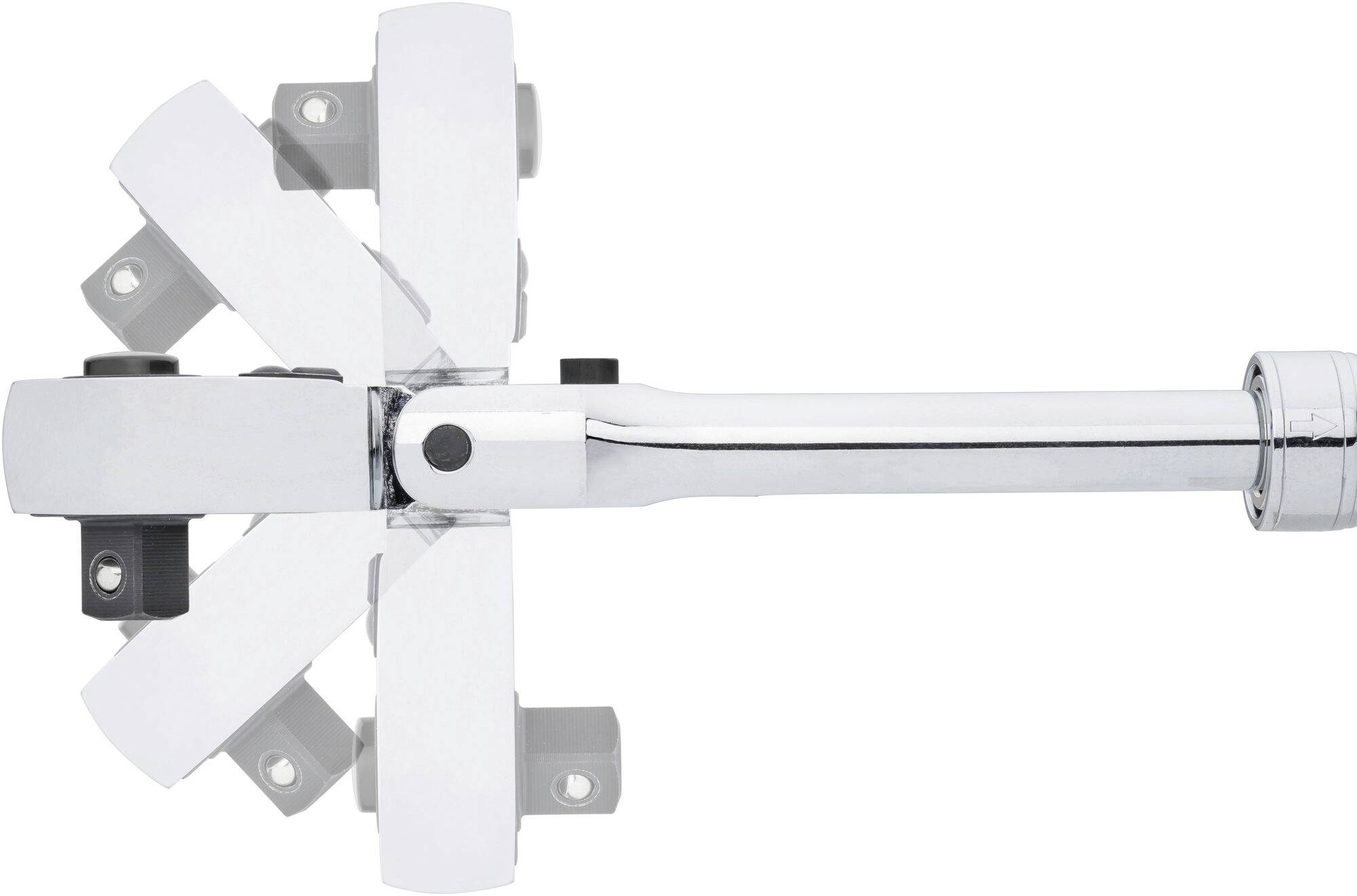 Chromowany klucz T z grzechotką, posiadający obrotowe wkładki wskazujące w różnych kierunkach, prezentuje elastyczność i wszechstronność.