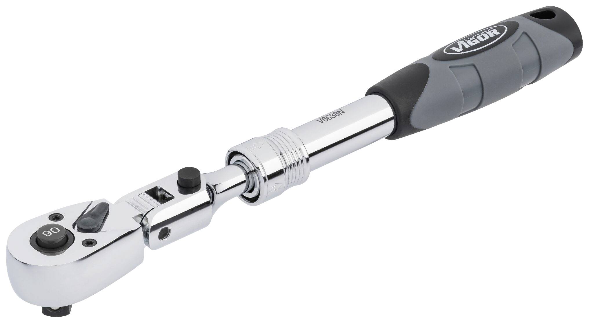 Chromowany klucz dynamometryczny z regulowaną skalą, ergonomicznym uchwytem i przyciskiem do ustawiania momentu obrotowego. Idealny do dokręcania śrub.