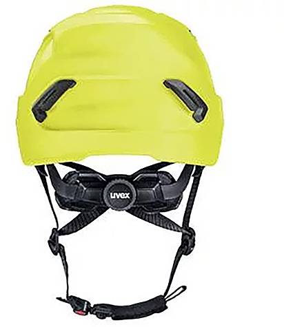 Żółty kask ochronny z regulowanym paskiem podtrzymującym, przeznaczony do zastosowań bezpieczeństwa w środowiskach przemysłowych lub sportowych.