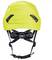Żółty kask ochronny z regulowanym paskiem podtrzymującym, przeznaczony do zastosowań bezpieczeństwa w środowiskach przemysłowych lub sportowych.