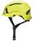 Żółty kask ochronny z czarnym paskiem, widziany z boku.