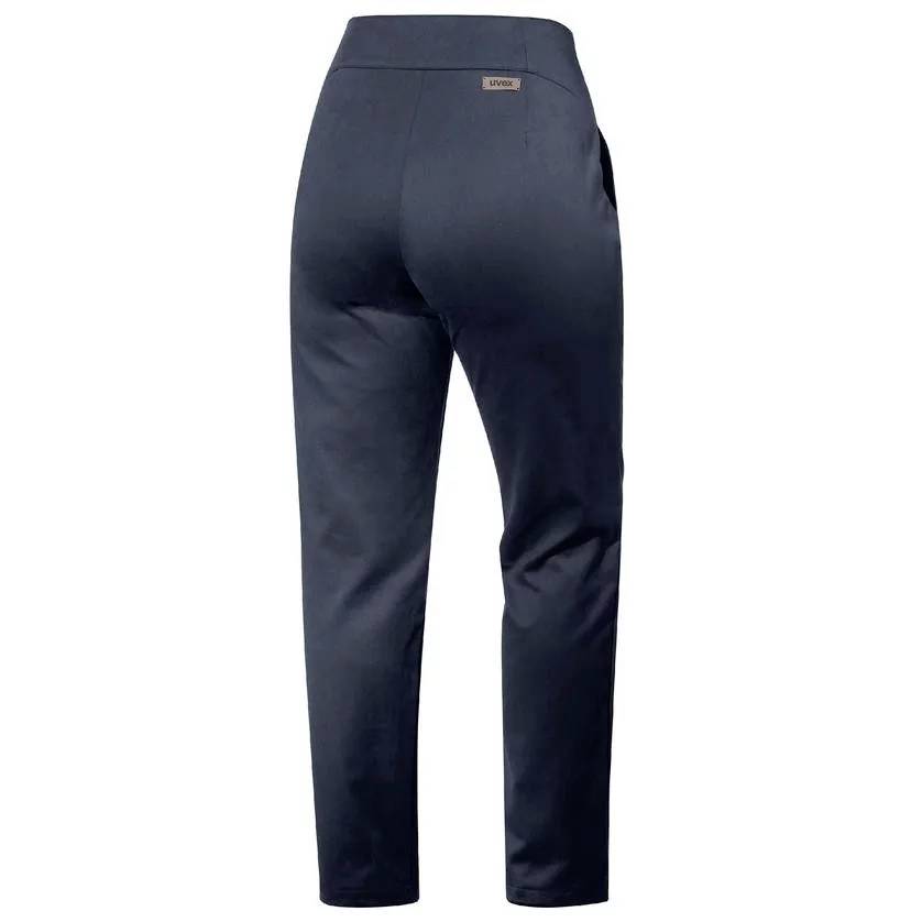 Ciemnoniebieskie spodnie z tyłu, prosty design z metką na górze.