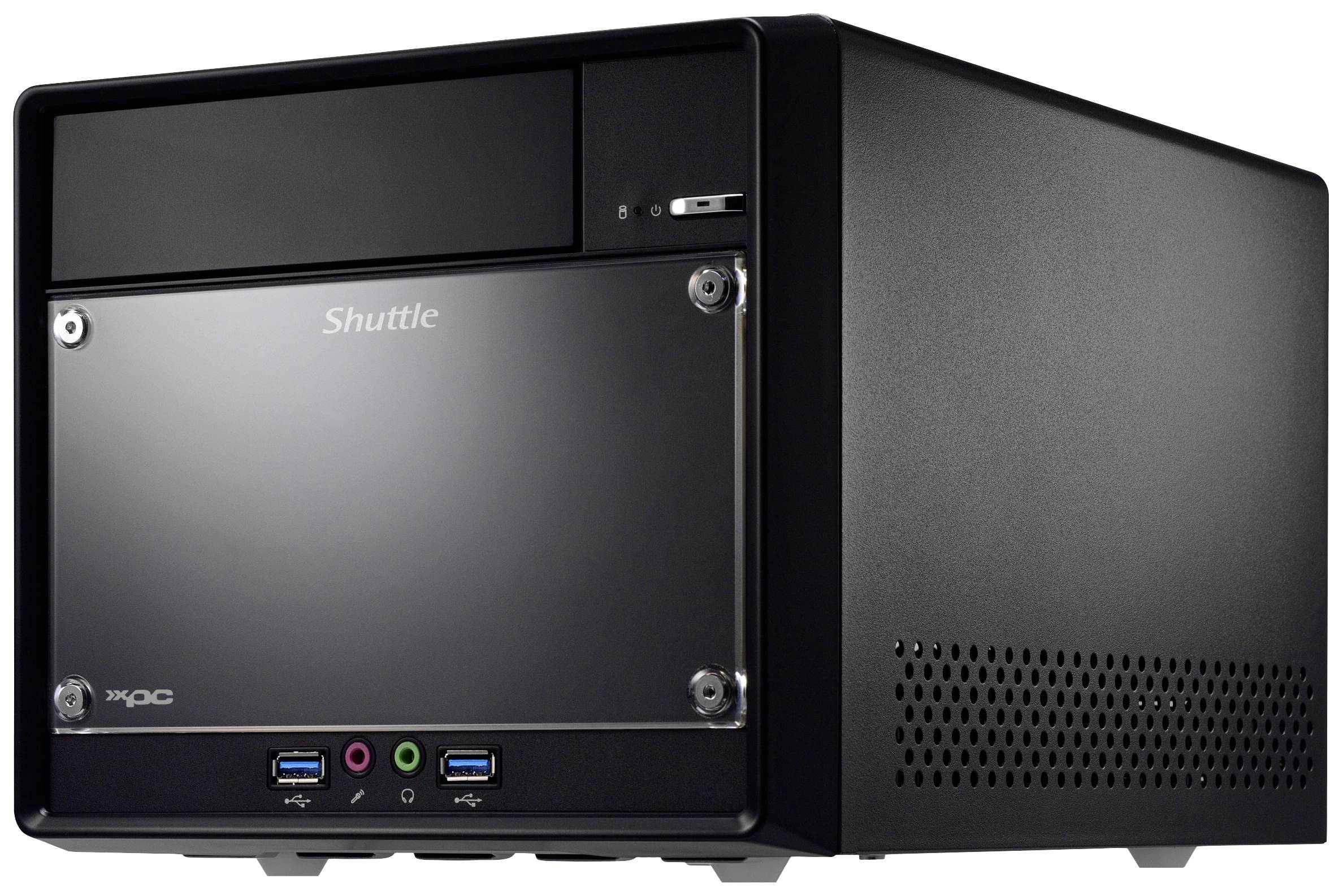 Czarny mini-komputer z logo marki na przedniej części, dwa porty USB i gniazda audio. Kompaktowa, prostokątna forma.