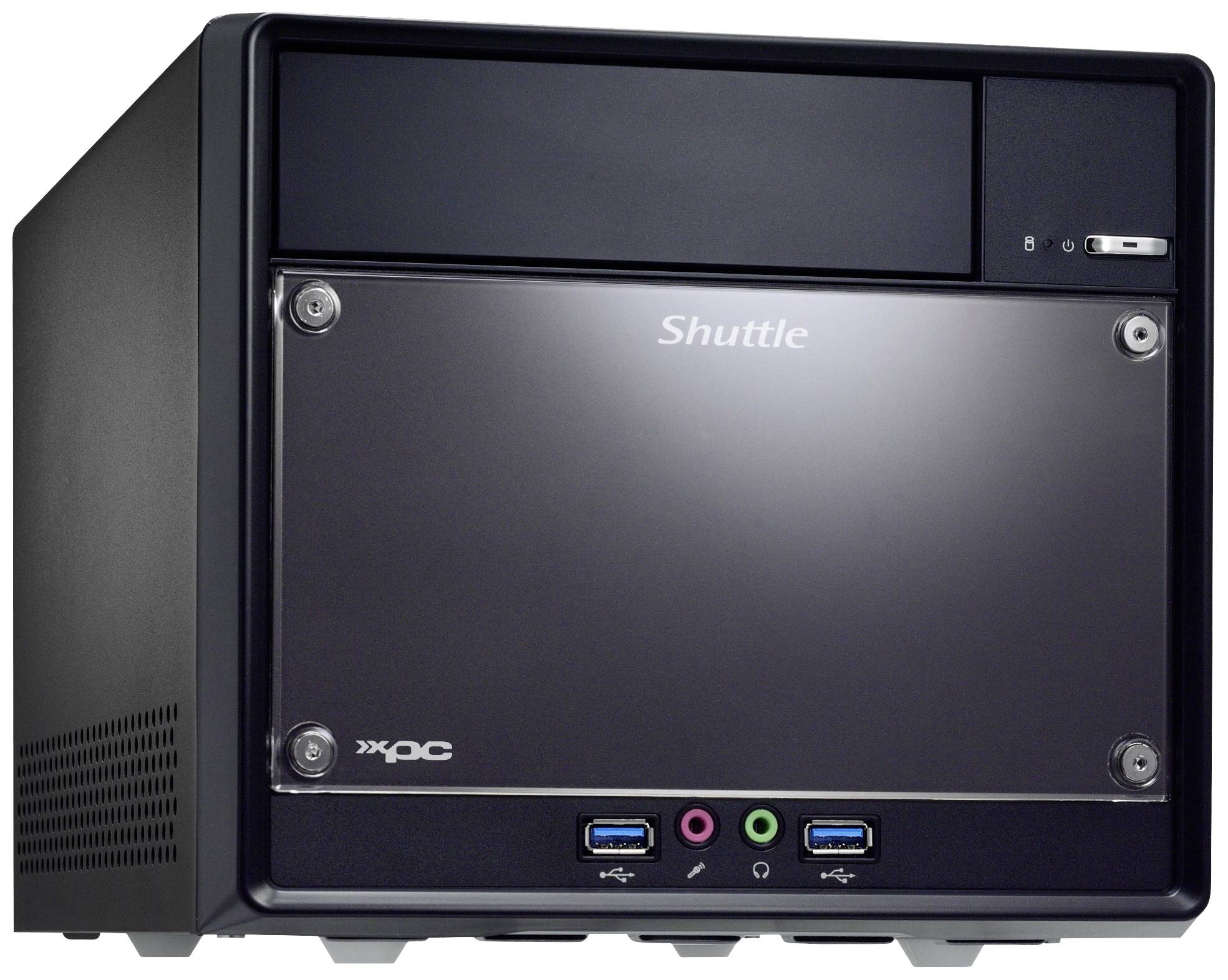 Kompaktowy czarny komputer z przednimi portami i logo marki.