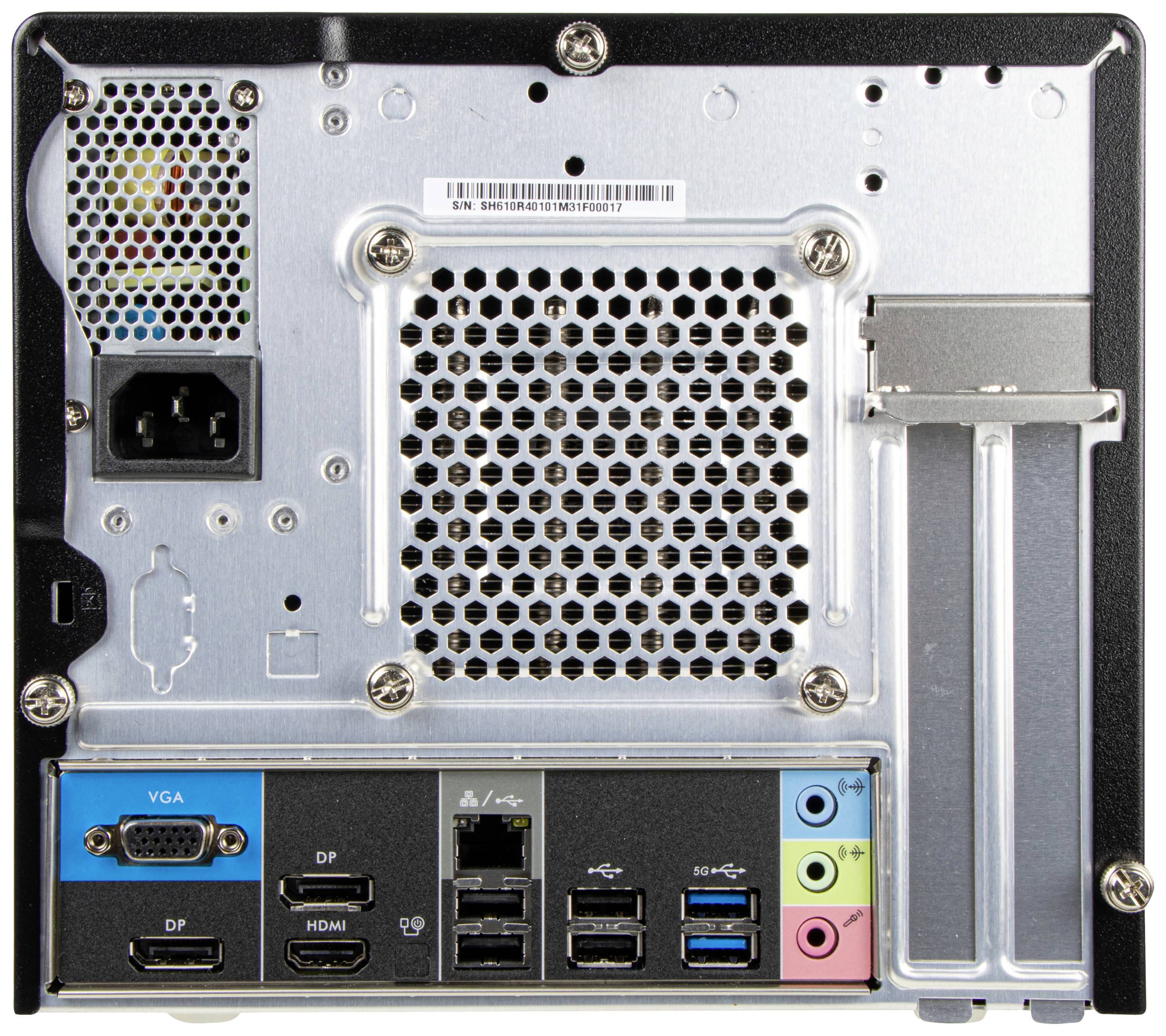 Tylna ściana obudowy komputera z kratką wentylacyjną, złączami VGA, HDMI, USB, Ethernet, wejściami audio oraz gniazdem zasilania.