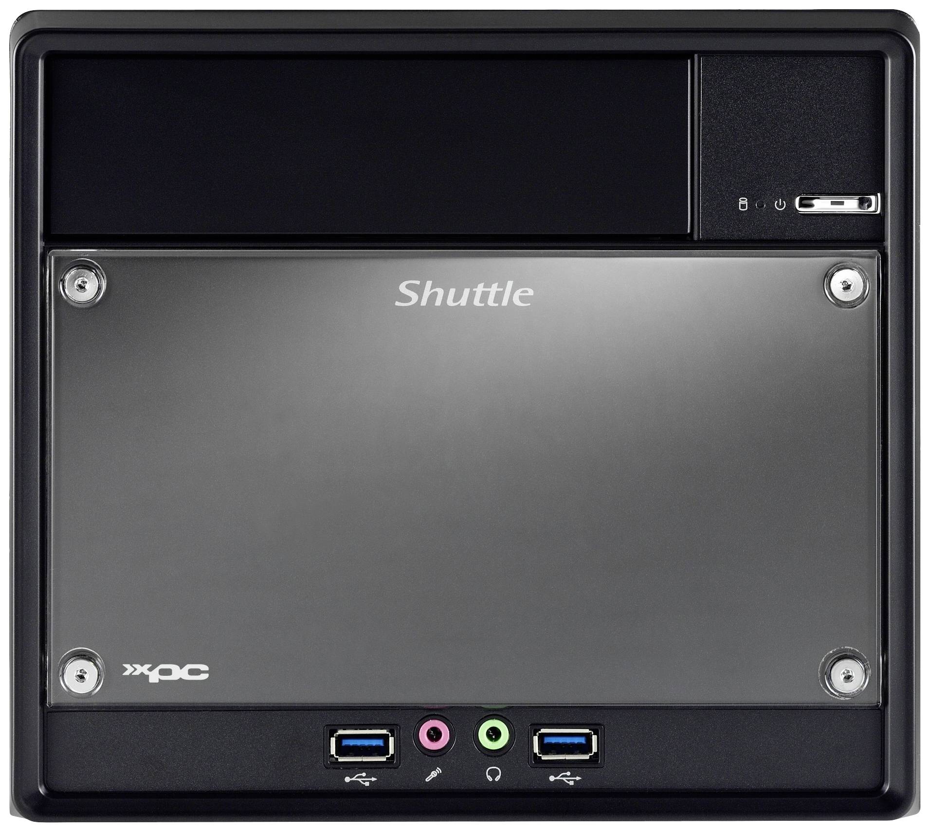 Kompaktowy, czarny mini-PC firmy Shuttle z dwoma portami USB i gniazdami audio z przodu.