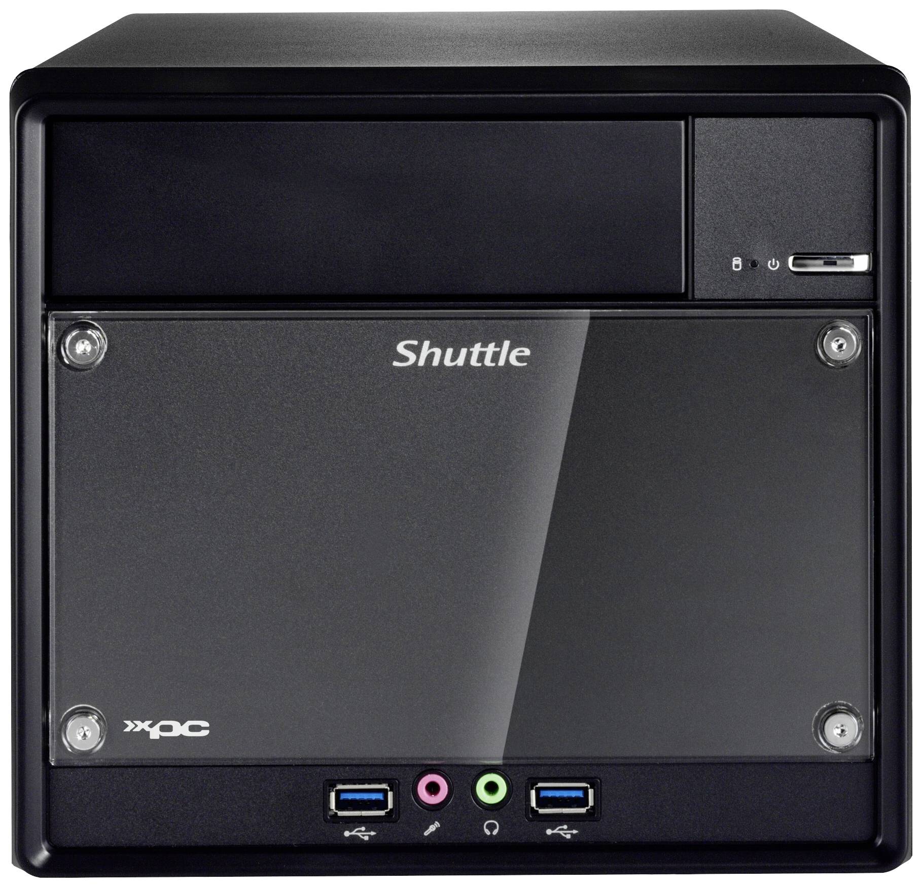 Czarny komputer Shuttle z portami USB, złączami audio i napędem DVD z przodu.