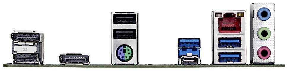 Tylna strona płyty głównej komputera z wieloma złączami: HDMI, USB, Ethernet oraz portami audio w różnych kolorach.