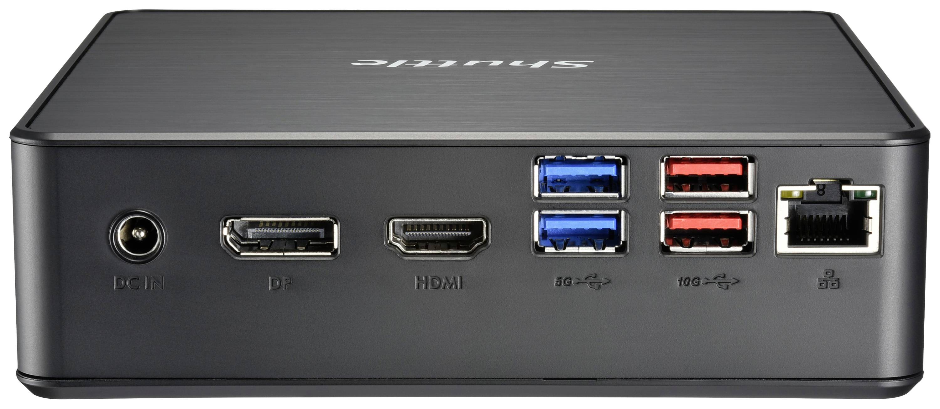 Czarne obudowa mini PC z portami: zasilanie, dwa porty DisplayPort, cztery porty USB (dwa niebieskie, dwa czerwone) oraz port Ethernet.