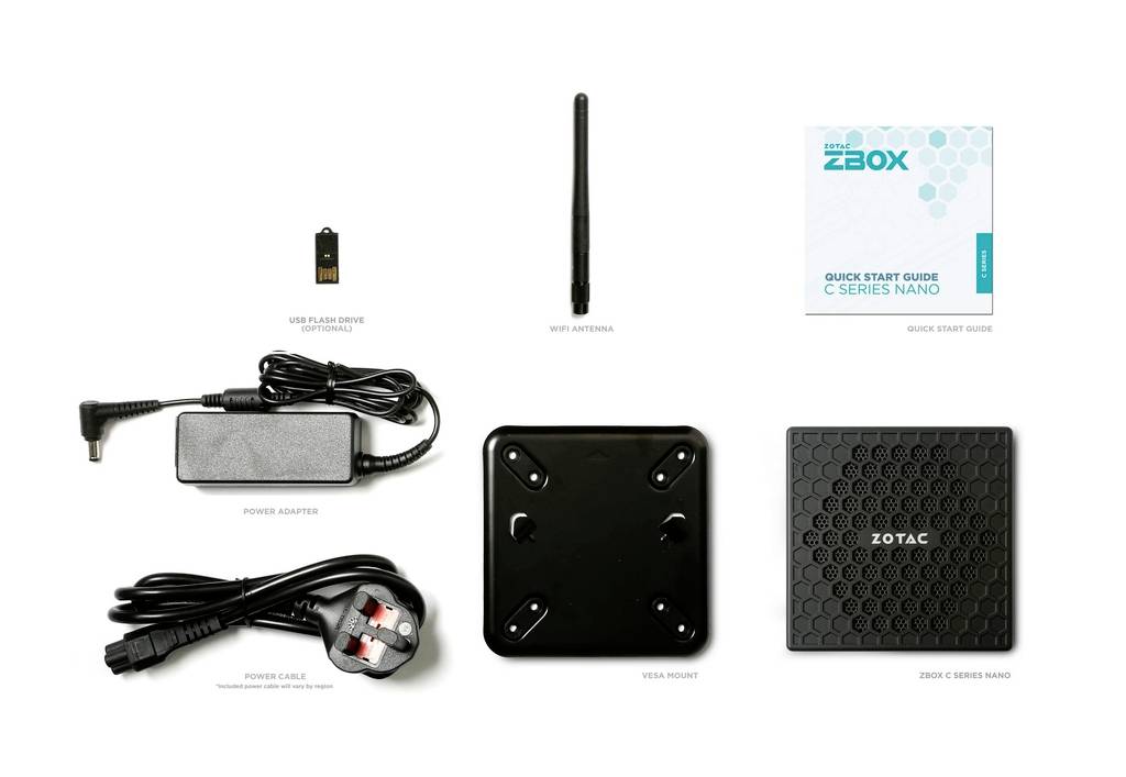 Zawartość opakowania ZOTAC ZBOX serii C Nano: antena WLAN, zasilacz, przewód zasilający, uchwyt VESA, napęd USB, skrócona instrukcja obsługi.