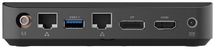Złącza z tyłu urządzenia: zasilanie, Ethernet, USB 3.1, DisplayPort, HDMI.