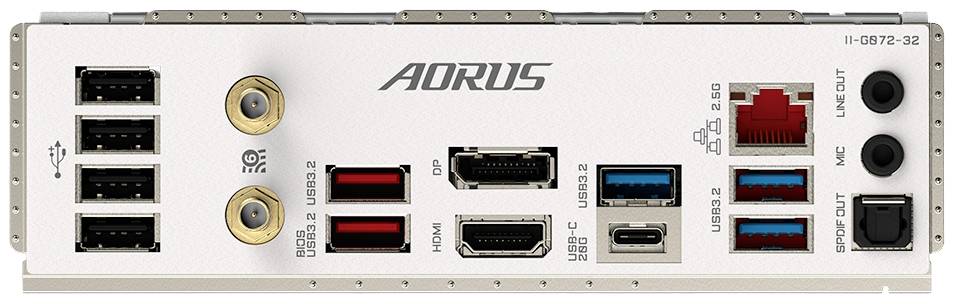 Tylna strona płyty głównej komputera z wieloma portami USB, złączami HDMI, DisplayPort, gniazdem Ethernet, gniazdami audio oraz złączami anten WLAN.