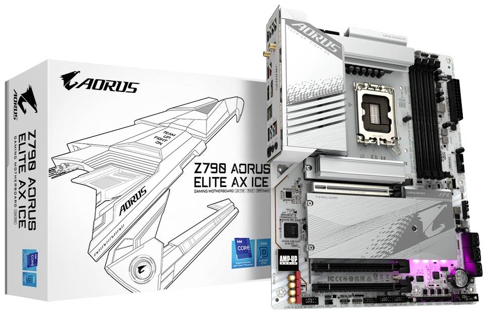 Płyta główna AORUS Z790 AORUS ELITE AX ICE, prezentowana obok jej opakowania. Jest zoptymalizowana pod kątem gamingu z podświetleniem RGB.