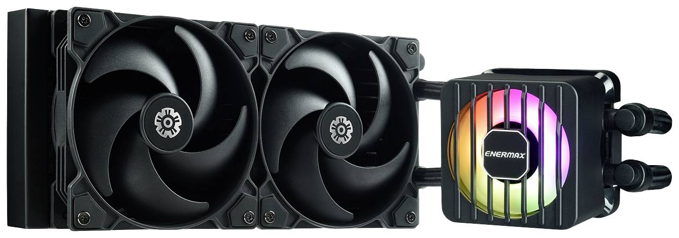 Dwa duże czarne wentylatory po lewej stronie i podświetlana w kolorach RGB pompa po prawej stronie tworzą wydajne wodne chłodzenie komputera.