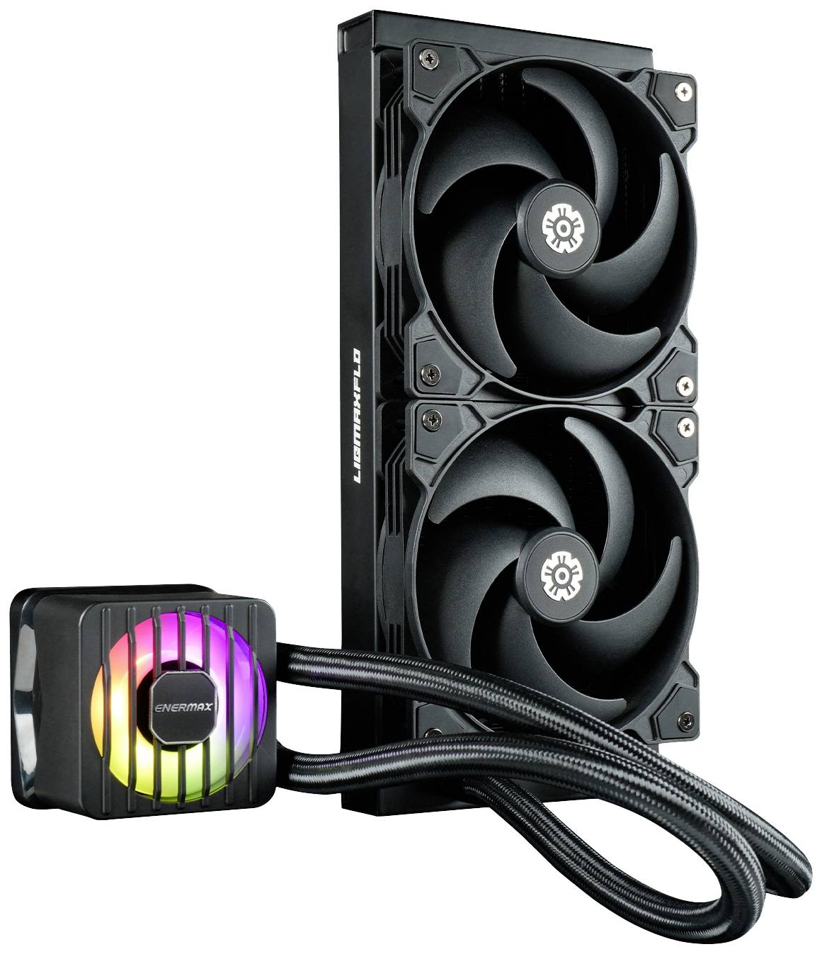 Chłodnica cieczowa z dwoma wentylatorami i podświetlanym blokiem wodnym procesora, idealna do chłodzenia wydajnych komputerów w konfiguracjach dla graczy.