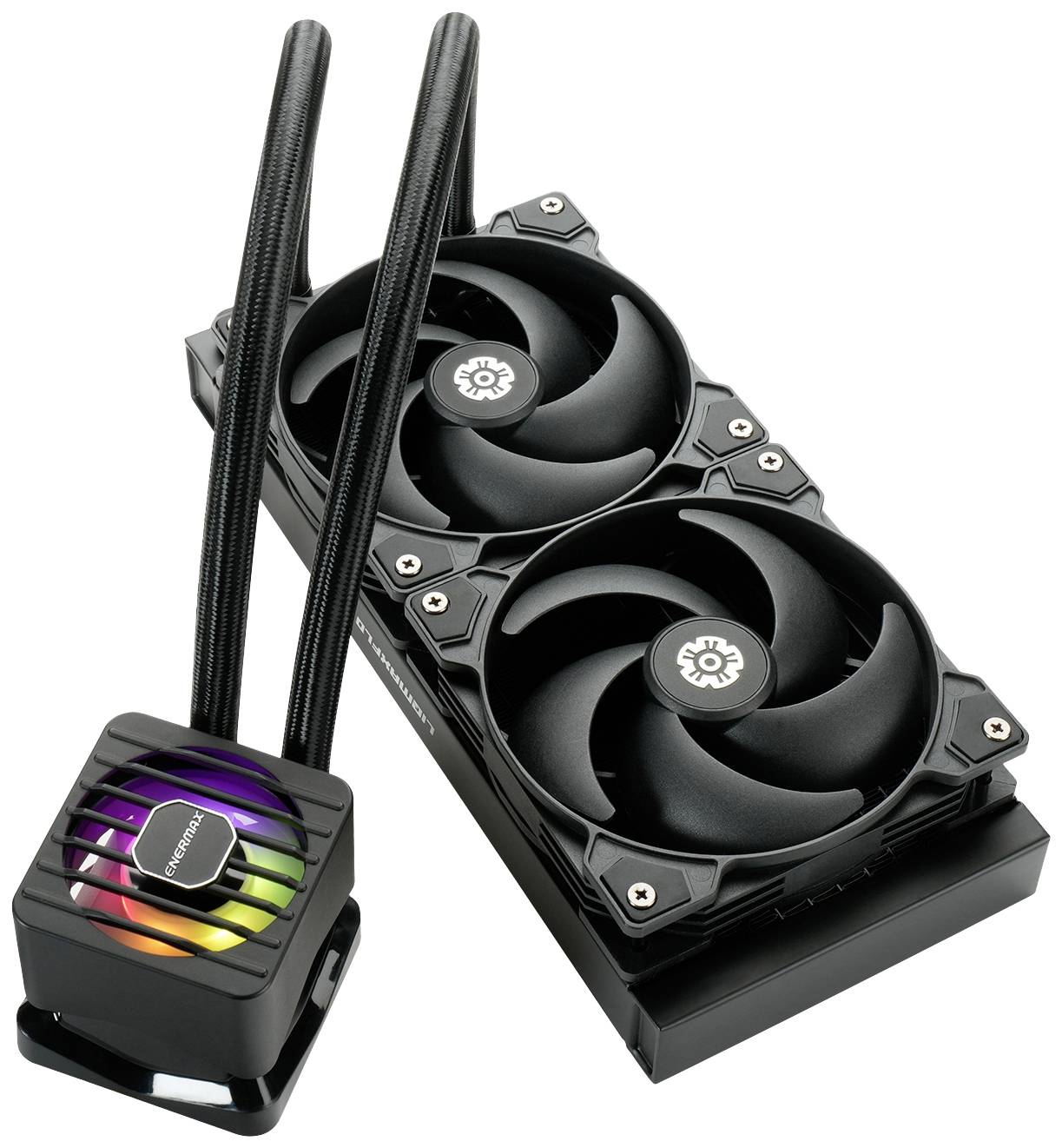 System chłodzenia wodnego z dwoma wentylatorami i podświetlaną głowicą pompy w kolorach RGB, zaprojektowany do chłodzenia procesorów komputerowych.