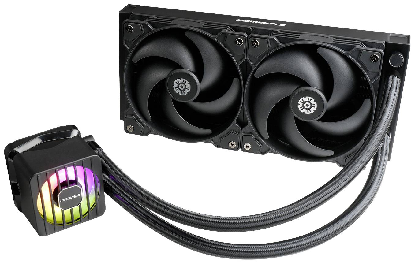 Czarny, jednoczęściowy układ chłodzenia wodnego marki 'Alpenföhn' z podwójnym wentylatorem i podświetleniem RGB na bloku pompy.