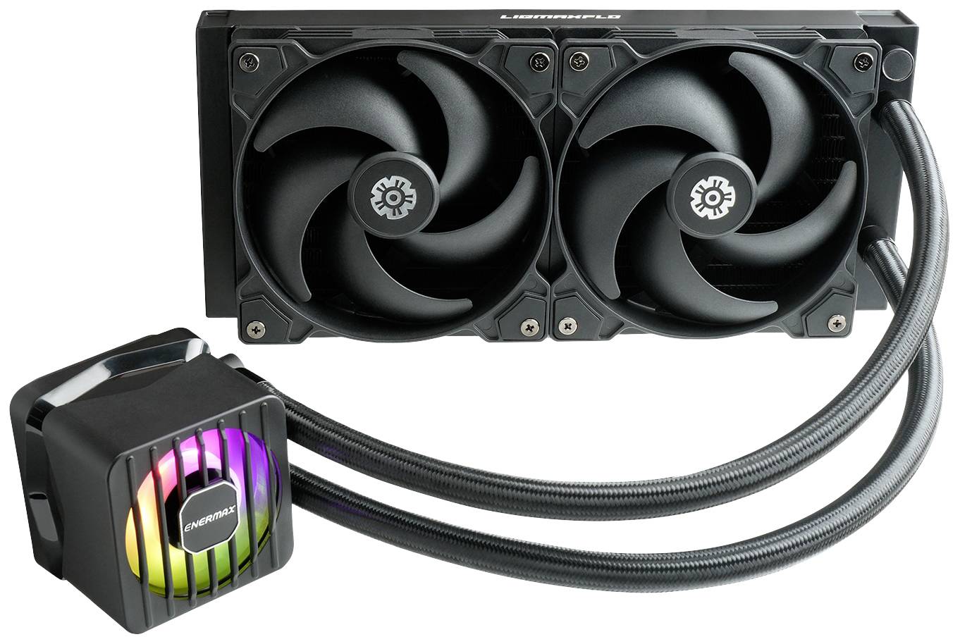 System chłodzenia wodnego z podwójnymi wentylatorami i podświetlaną obudową pompy, przeznaczony do wydajnego chłodzenia procesorów komputerowych.