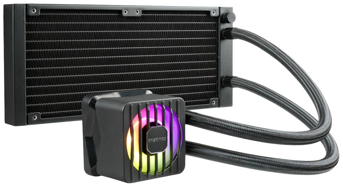 Czarny radiator z wentylatorem zamontowanym w kolorach tęczy, połączony przewodami. Stosowany do chłodzenia urządzeń elektronicznych.