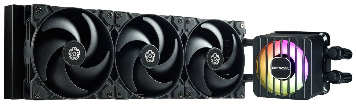 Komputerowy system chłodzenia wodnego z trzema wentylatorami i podświetlaną pompą z logo firmy.