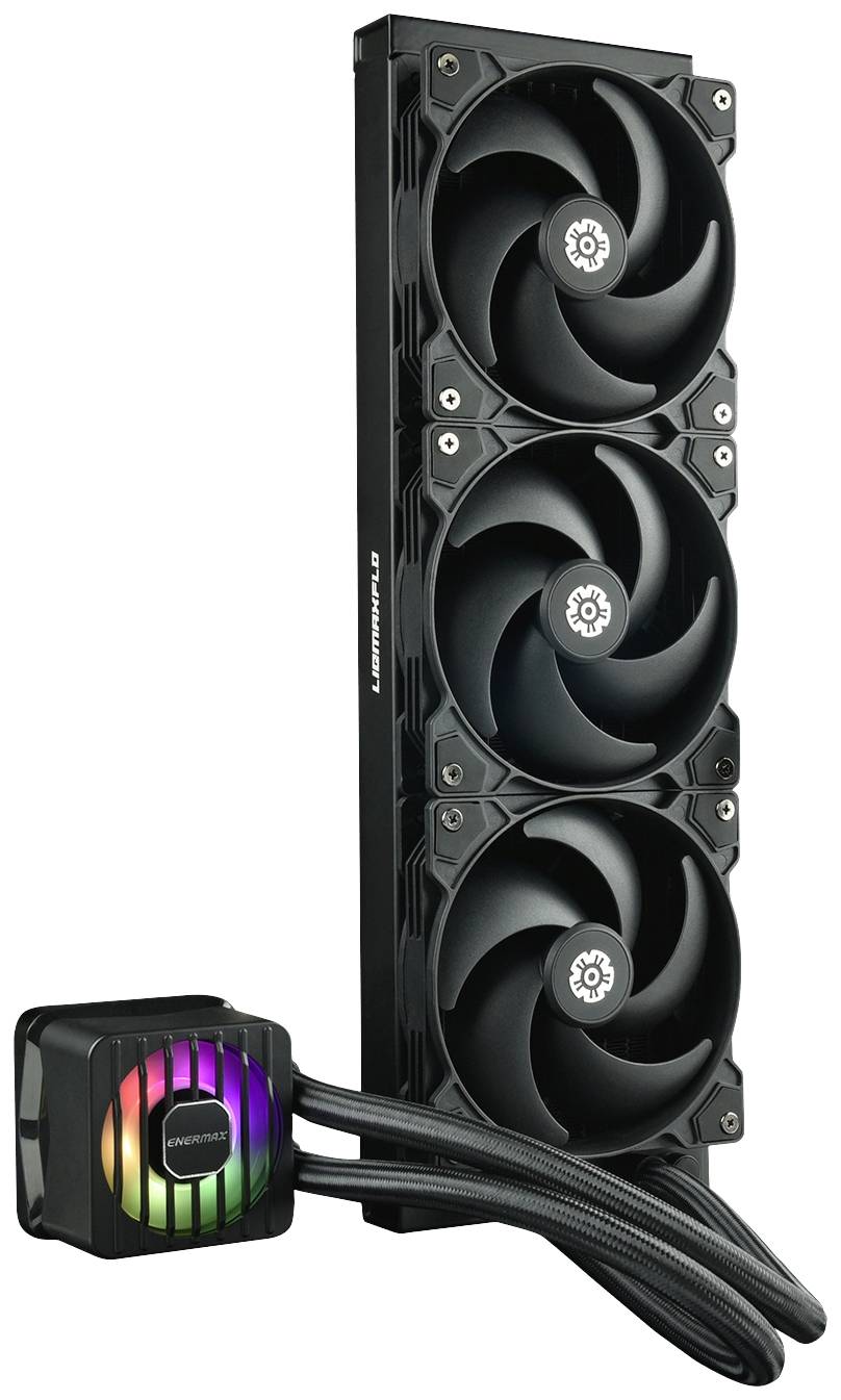 Czarny radiator chłodzenia wodnego PC z trzema wentylatorami i zamontowaną pompą. Pompa świeci się kolorowymi diodami LED w efekcie tęczy.