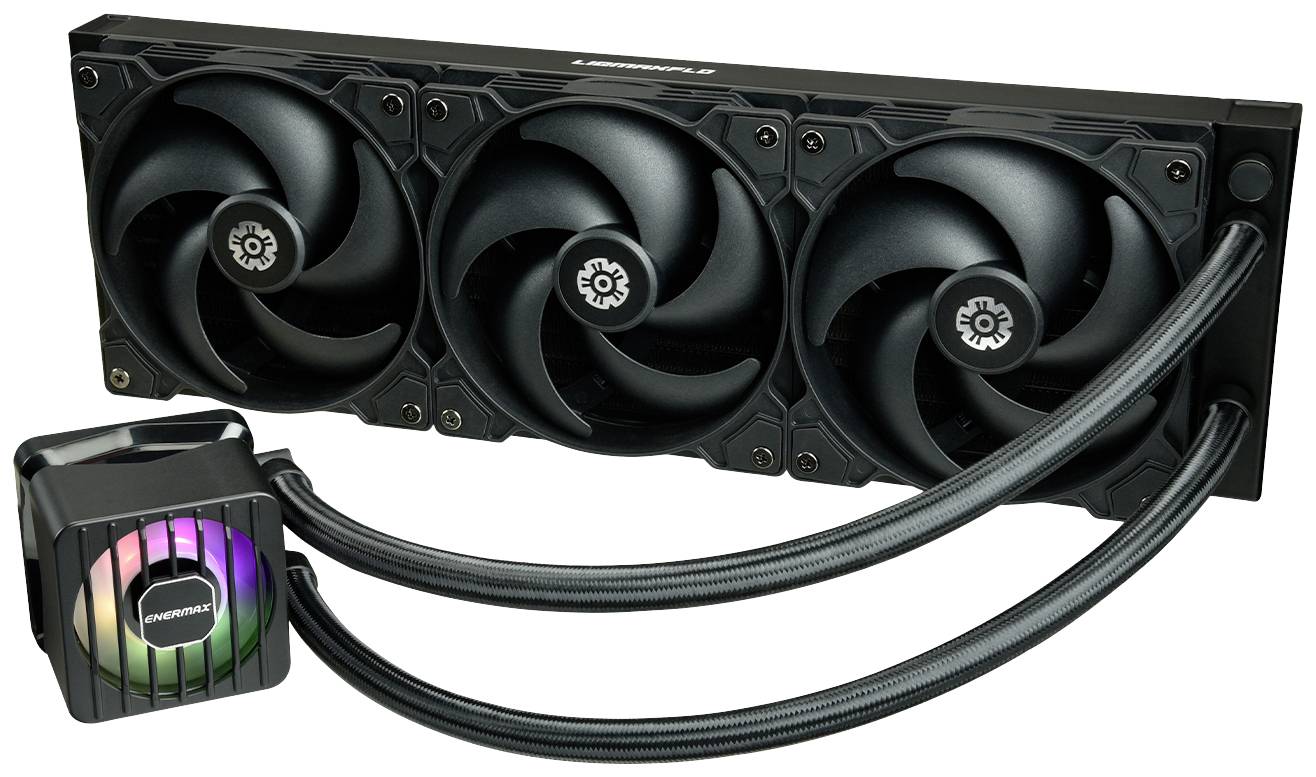 Trójzakresowe chłodzenie wodne komputera z trzema wentylatorami i pompą, wyświetlające jednobarwne światło, połączone przewodami.