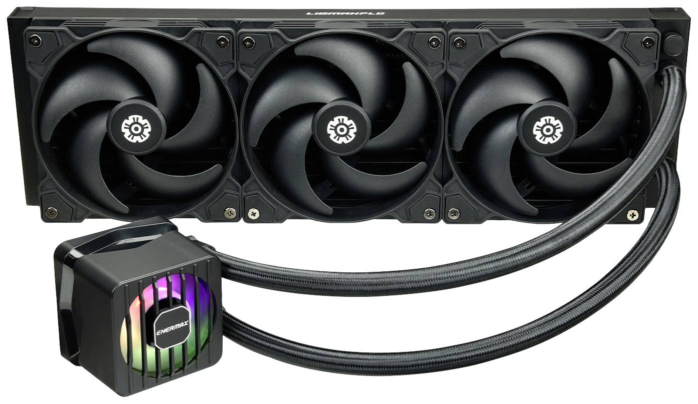 Ten komputer chłodzony wodą posiada trzy czarne wentylatory ustawione w rzędzie oraz podświetlany radiator. Idealny do wydajnych komputerów dla graczy.