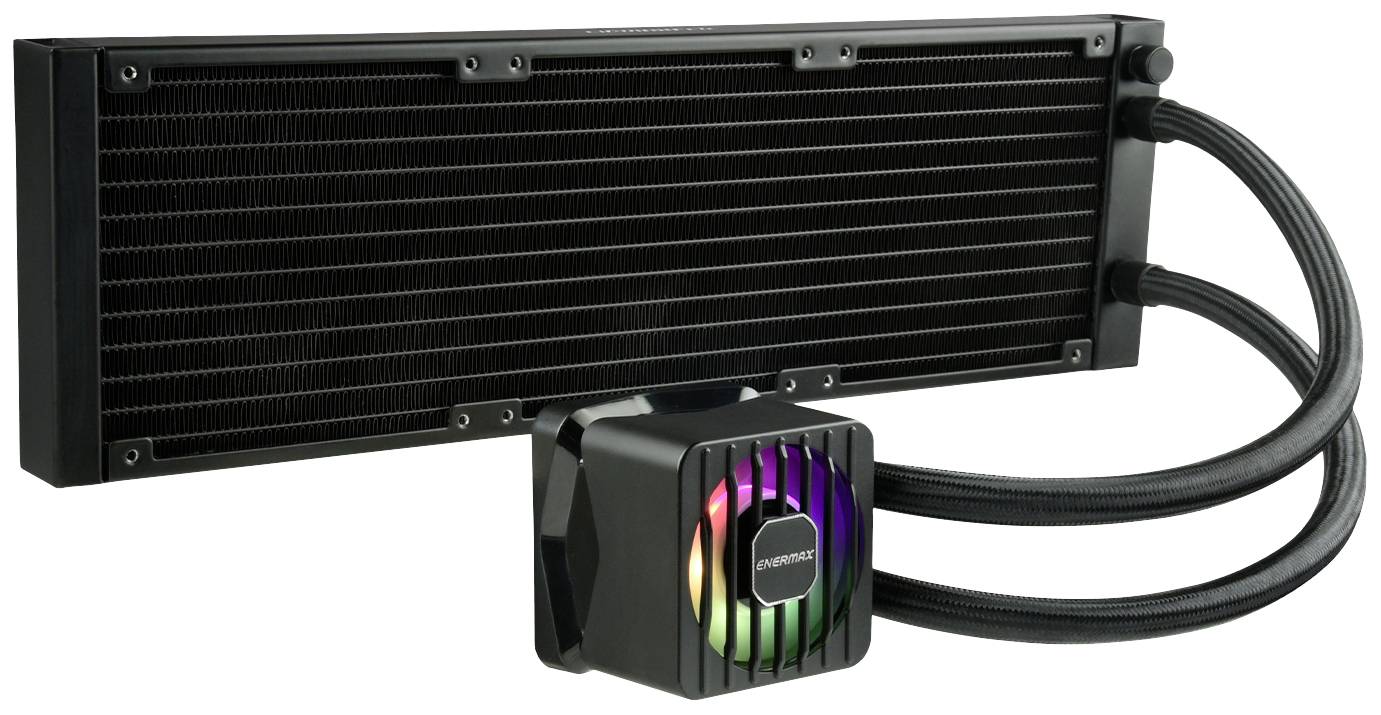 Wodny system chłodzenia komputera z dużym chłodnikiem, połączony dwoma przewodami z podświetlaną pompą.