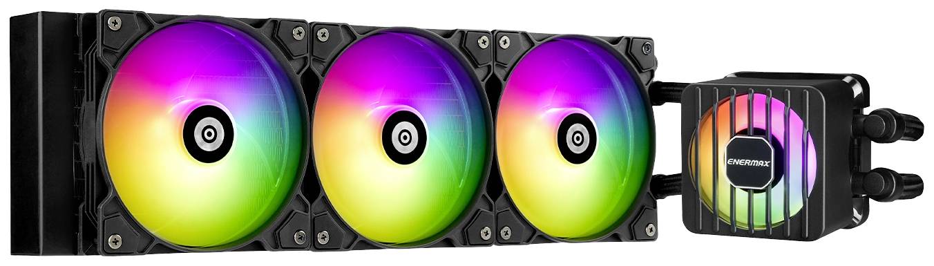 Komputerowy system chłodzenia wodnego z trzema wentylatorami RGB i pompą po prawej stronie, prezentujący logo 'ENERMAX'.