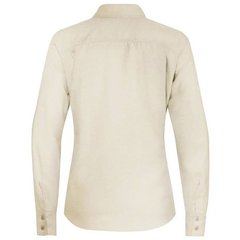 Ilustracja przedstawia beżową bluzkę z długim rękawem, widzianą od tyłu. Bluzka posiada kołnierzyk oraz guziki przy mankietach.