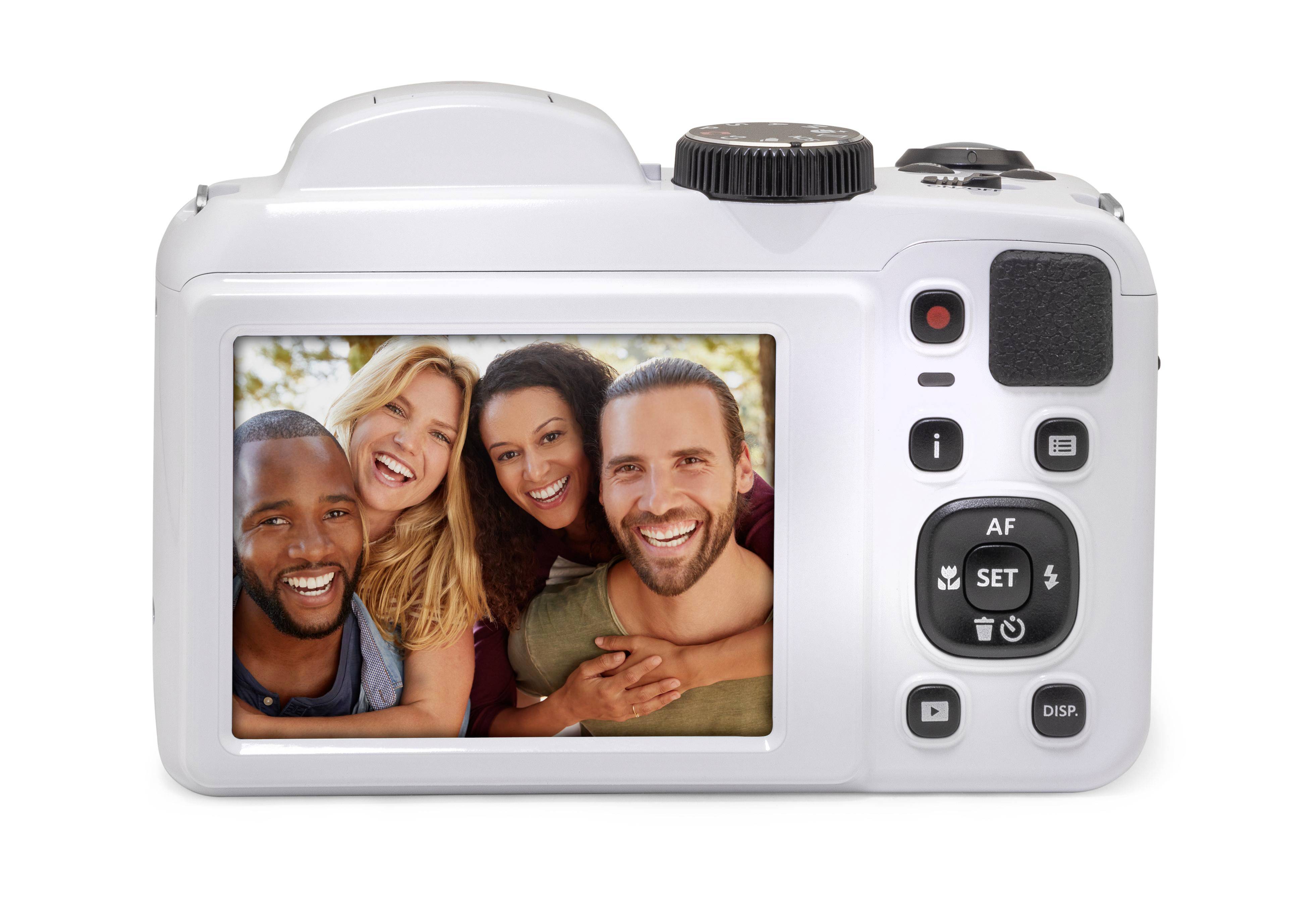 Tylna strona aparatu przedstawia wyświetlacz z fotografią czterech uśmiechniętych osób. Wyglądają oni na radosnych i rozluźnionych.