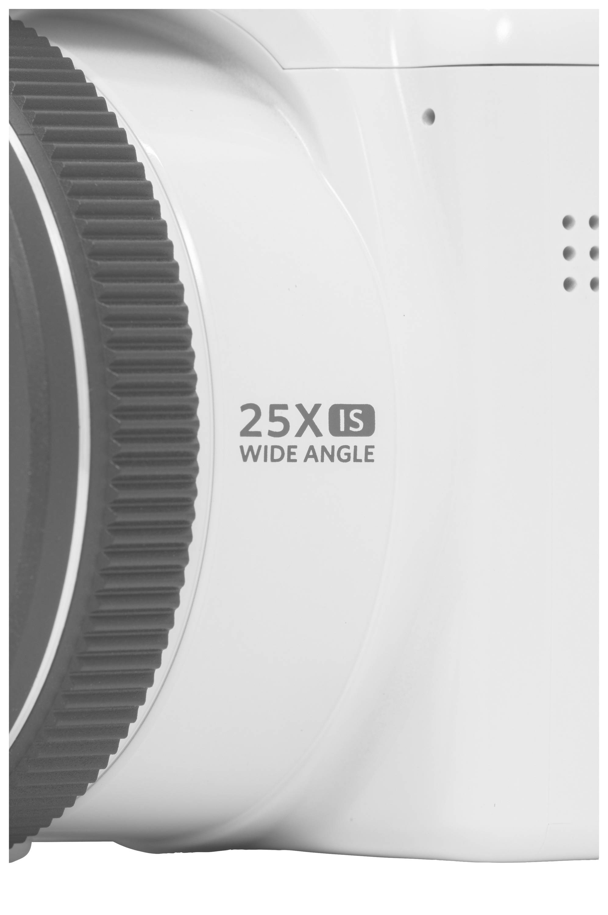 Zbliżenie białego obiektywu zoom z napisem '25X IS Wide Angle' na boku.