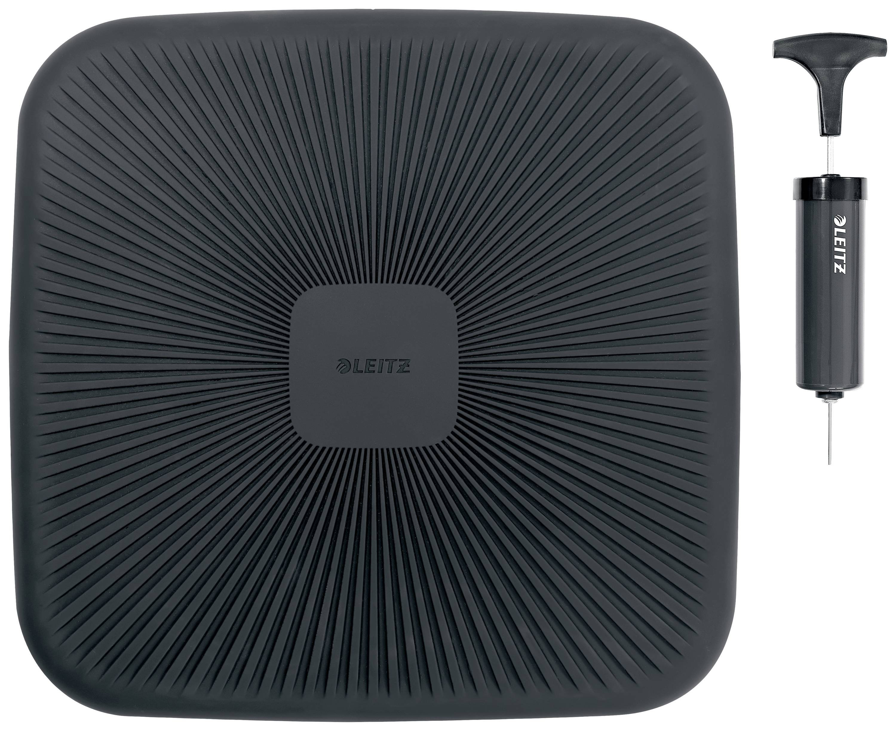 Czarny, kwadratowy dysk do siedzenia z pompą marki 'Leitz'. Odpowiedni do ergonomicznego siedzenia i ćwiczeń równoważnych.