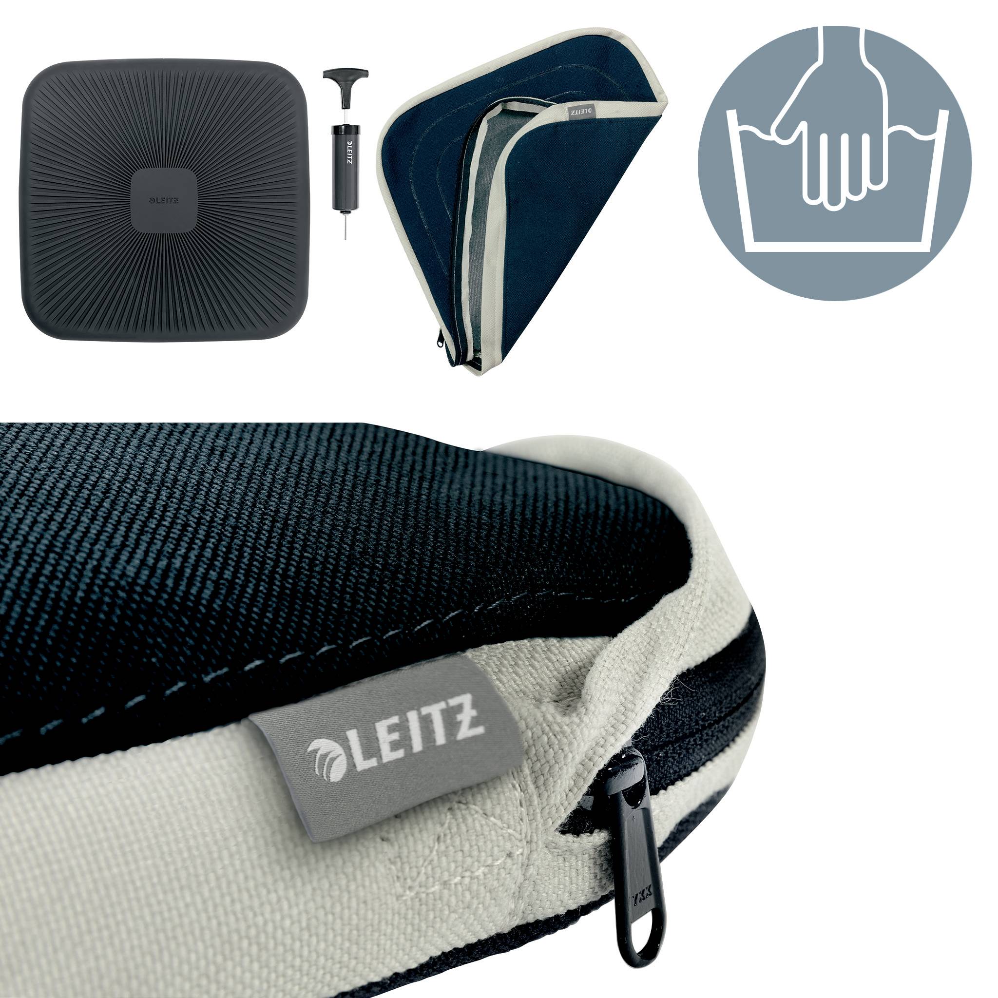 Poduszka siedzeniowa marki Leitz, czarna z szarą obwódką. W zestawie pompka powietrzna. Symbol ręcznego prania w ilustracji.