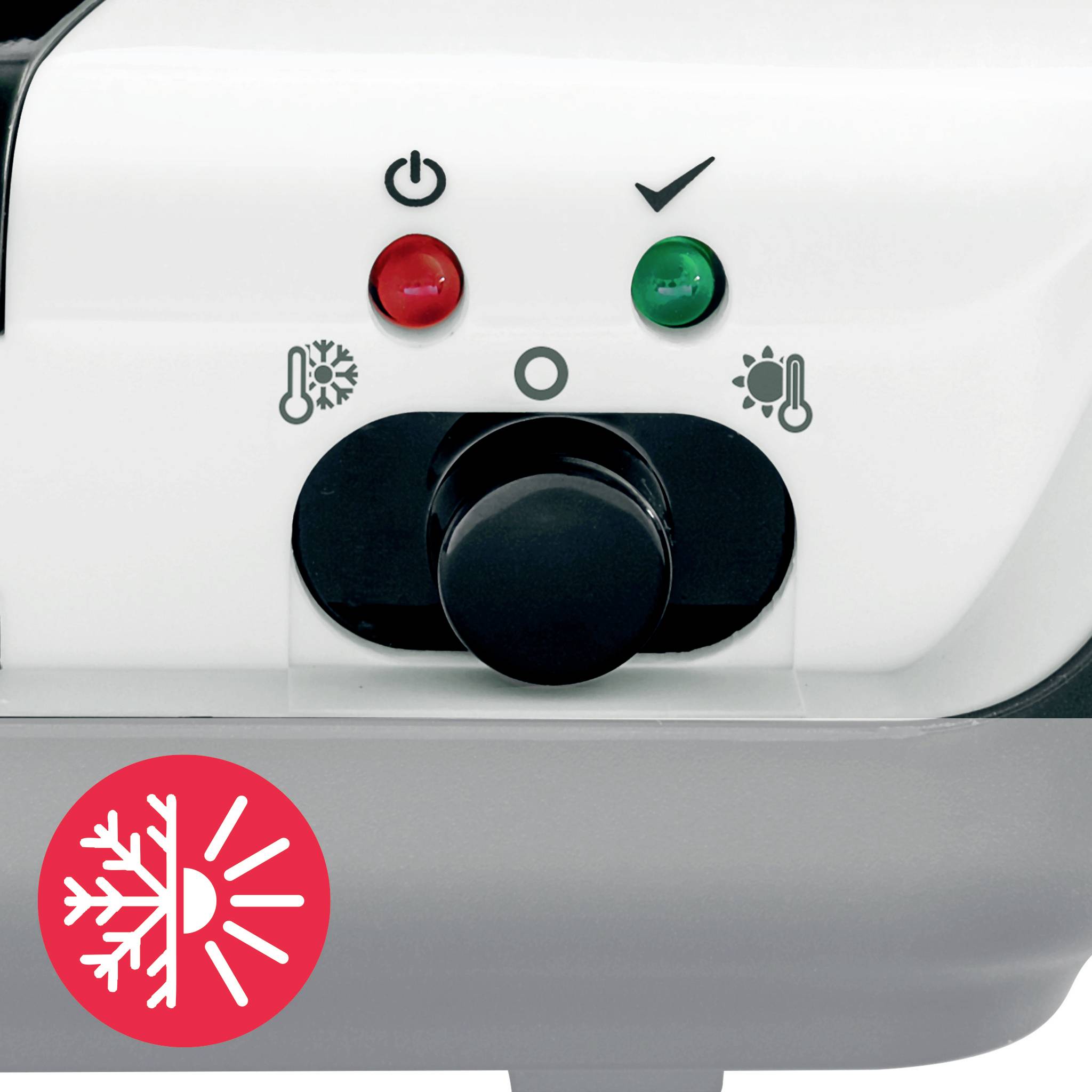 Panel sterujący urządzenia kuchennego z pokrętłem. Na górze znajdują się symbole chłodzenia i grzania z lampkami kontrolnymi.