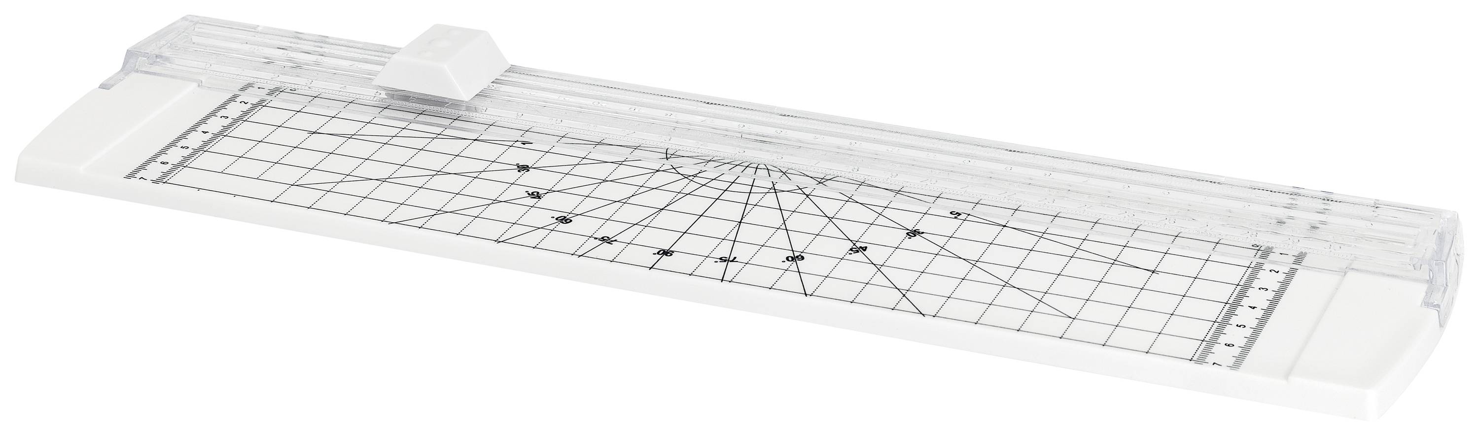 Przezroczysta linijka z kątomierzem i przesuwką na siatce kratkowej, idealna do precyzyjnego rysowania i cięcia.