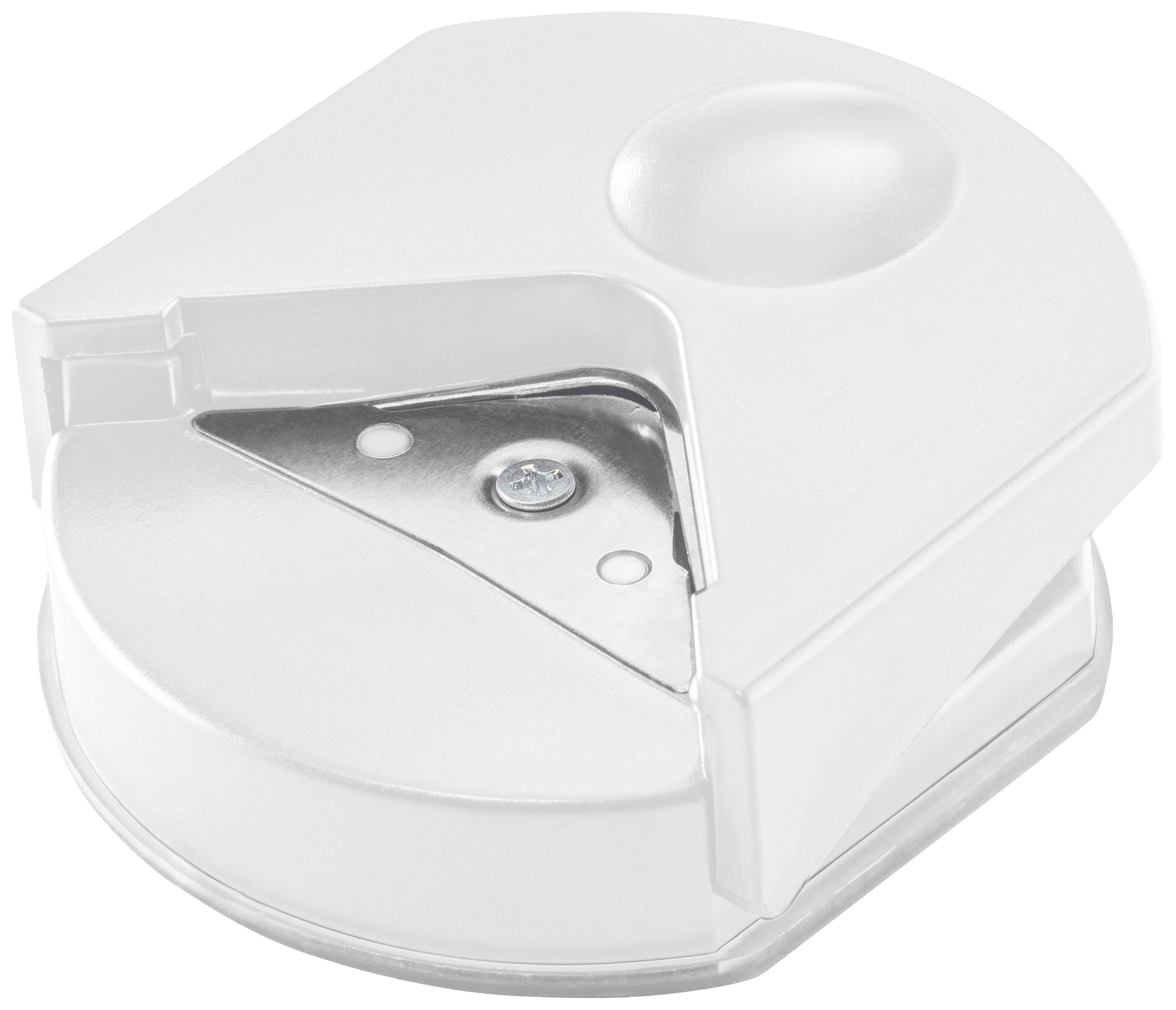 Biały rozdzielacz do tabletek o okrągłym kształcie z metalowym ostrzem pośrodku, ułatwiający precyzyjne dzielenie tabletek.