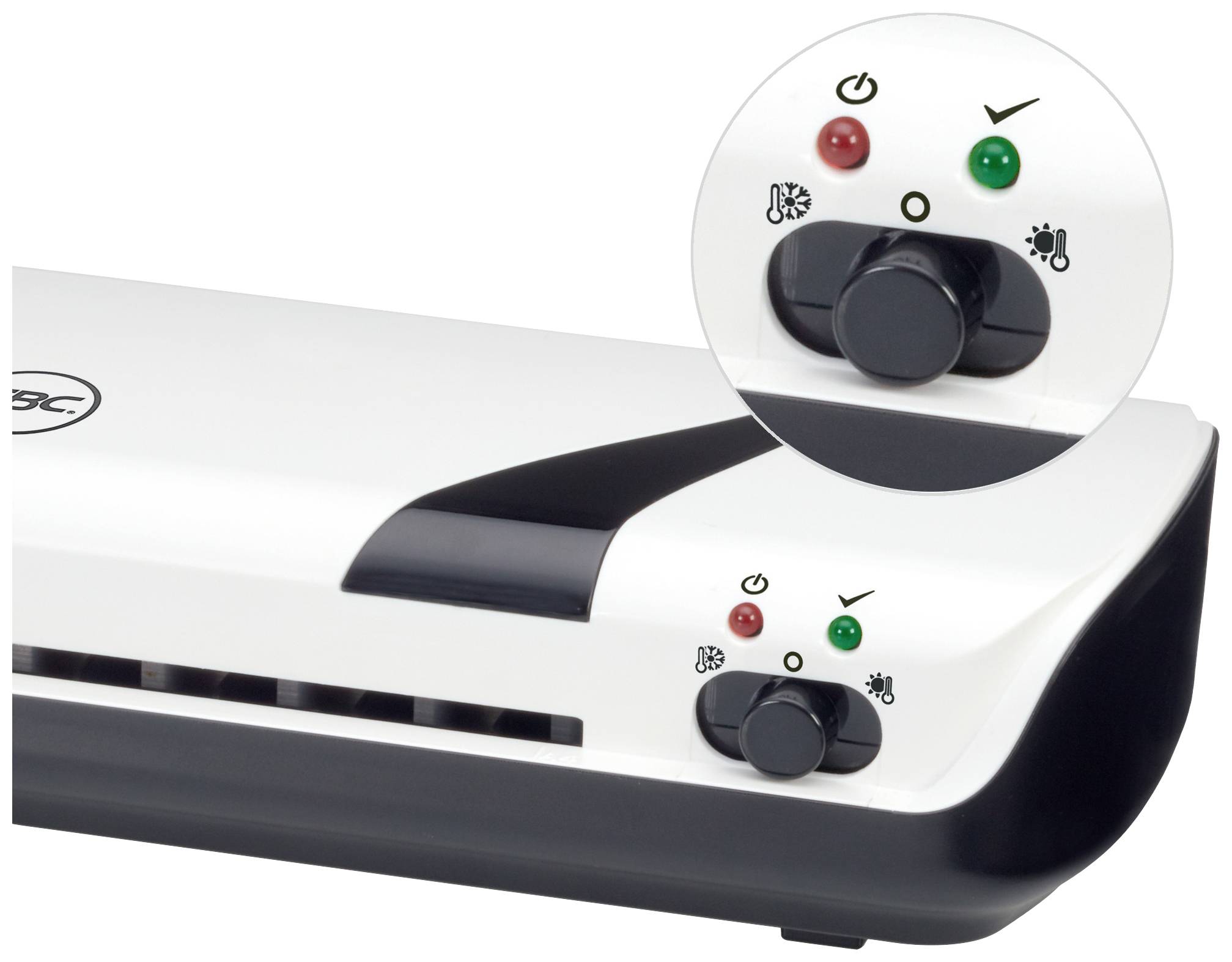 Białosrebrny aparat do laminowania z dwoma przyciskami: zielonym do uruchamiania i czerwonym do zatrzymywania.